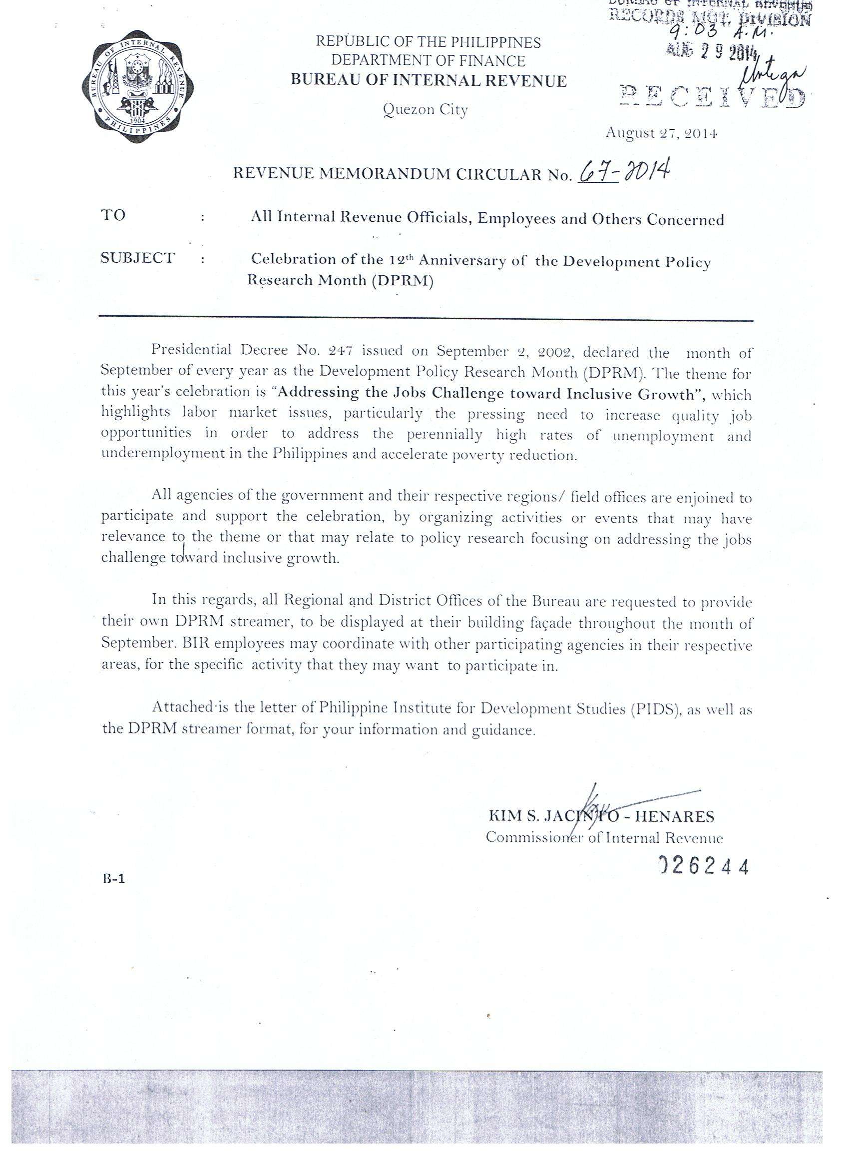 RMC No. 67-2014, Full text